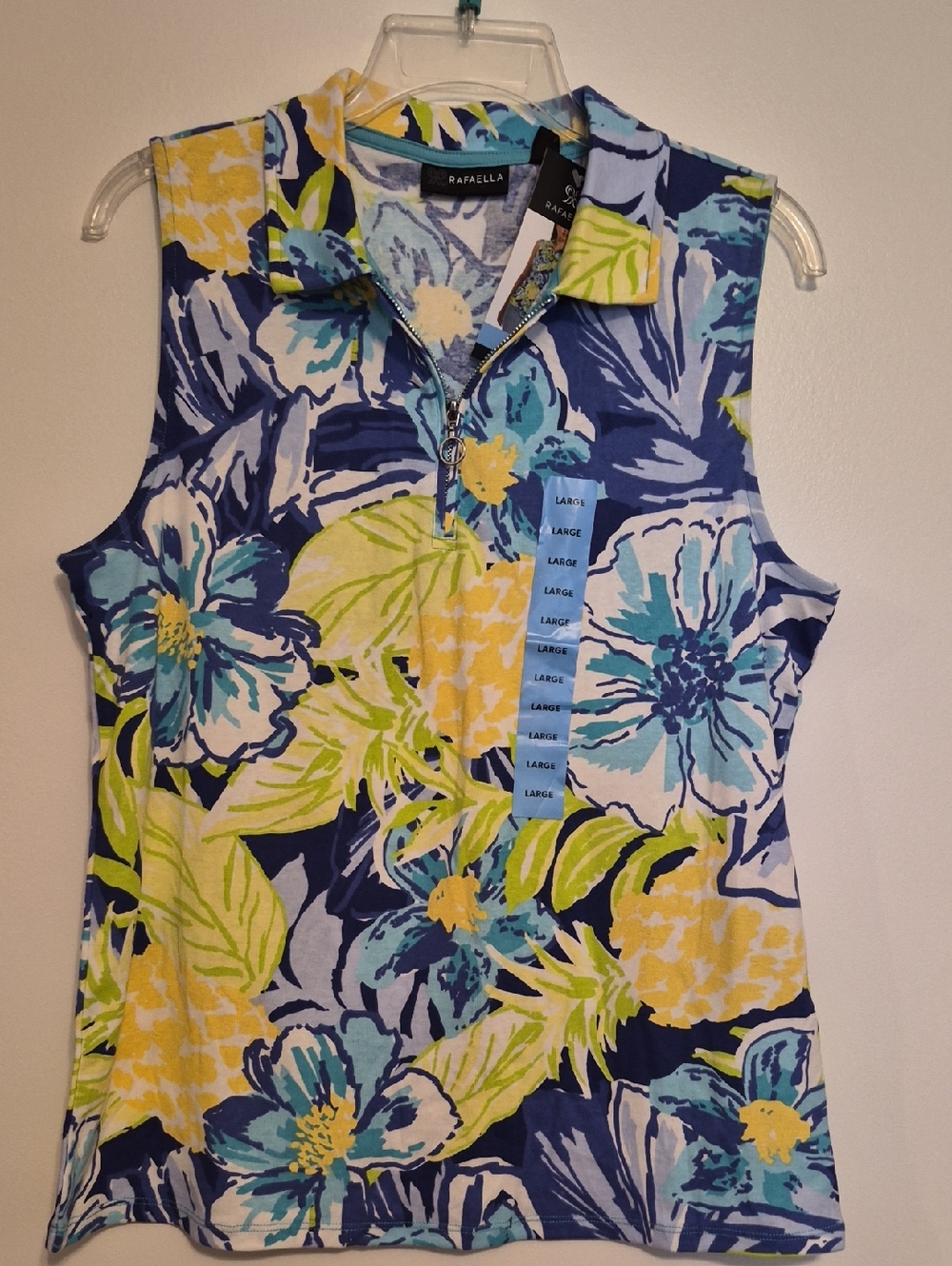 NWT Rafaella Womens Sleeveless Floral Zip Polo - Blue, Yellow, Green SZ L